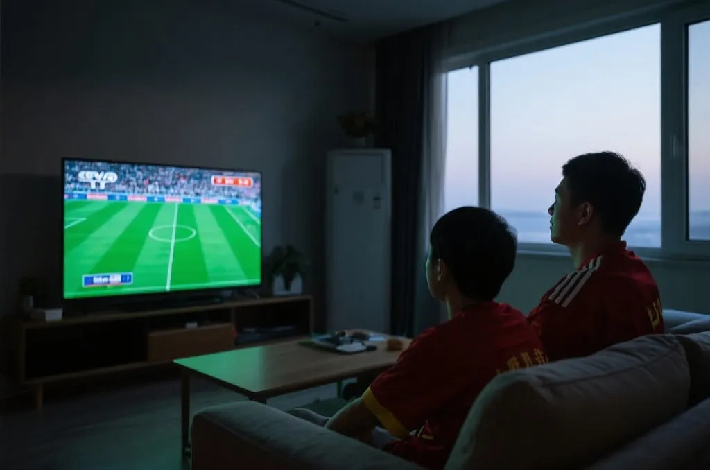 中国球迷在清晨观看世界杯直播的场景